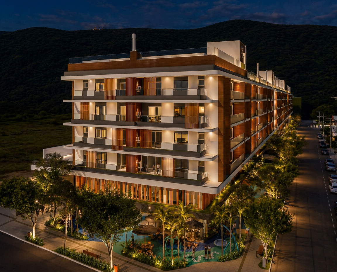 Fachada do ALGAE Beach Residence ao entardecer