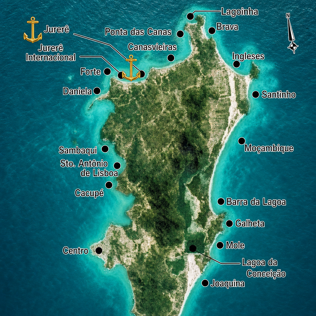 Mapa da região entre Cachoeira do Bom Jesus e Ponta das Canas, Norte da Ilha de Florianópolis
